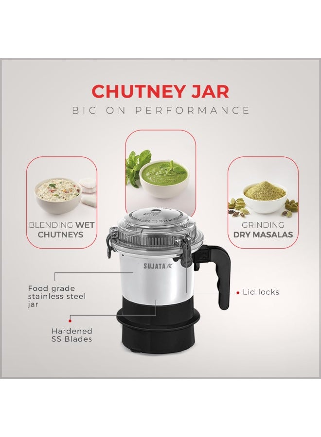 سوجاتا Sujata Supermix Mixer Grinder | 900 Watts Double Ball Bearing Motor | 22000 RPM | Non-Stop 90 Mins Running | 3 Jars including 1750ml Blender, 1000ml Grinder, 500ml Chutney Jar | Black - Image 4